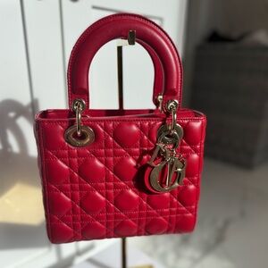 Dior | Lady Dior Red Medium Quilted Top Handle Gold Hardware Detachable Strap